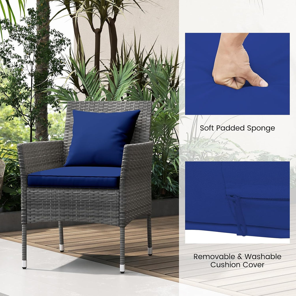 RELAX4LIFE 3-Piece Patio Furniture Set - Rattan Wicker Outdoor Furniture w/Cushions & Tempered Glass Coffee Table, Small Conversation Bistro Table and Chairs Set of 2 for Garden Porch Balcony (Navy)