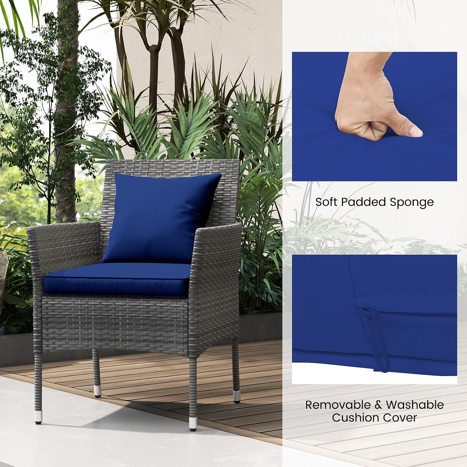 RELAX4LIFE 3-Piece Patio Furniture Set - Rattan Wicker Outdoor Furniture w/Cushions & Tempered Glass Coffee Table, Small Conversation Bistro Table and Chairs Set of 2 for Garden Porch Balcony (Navy)