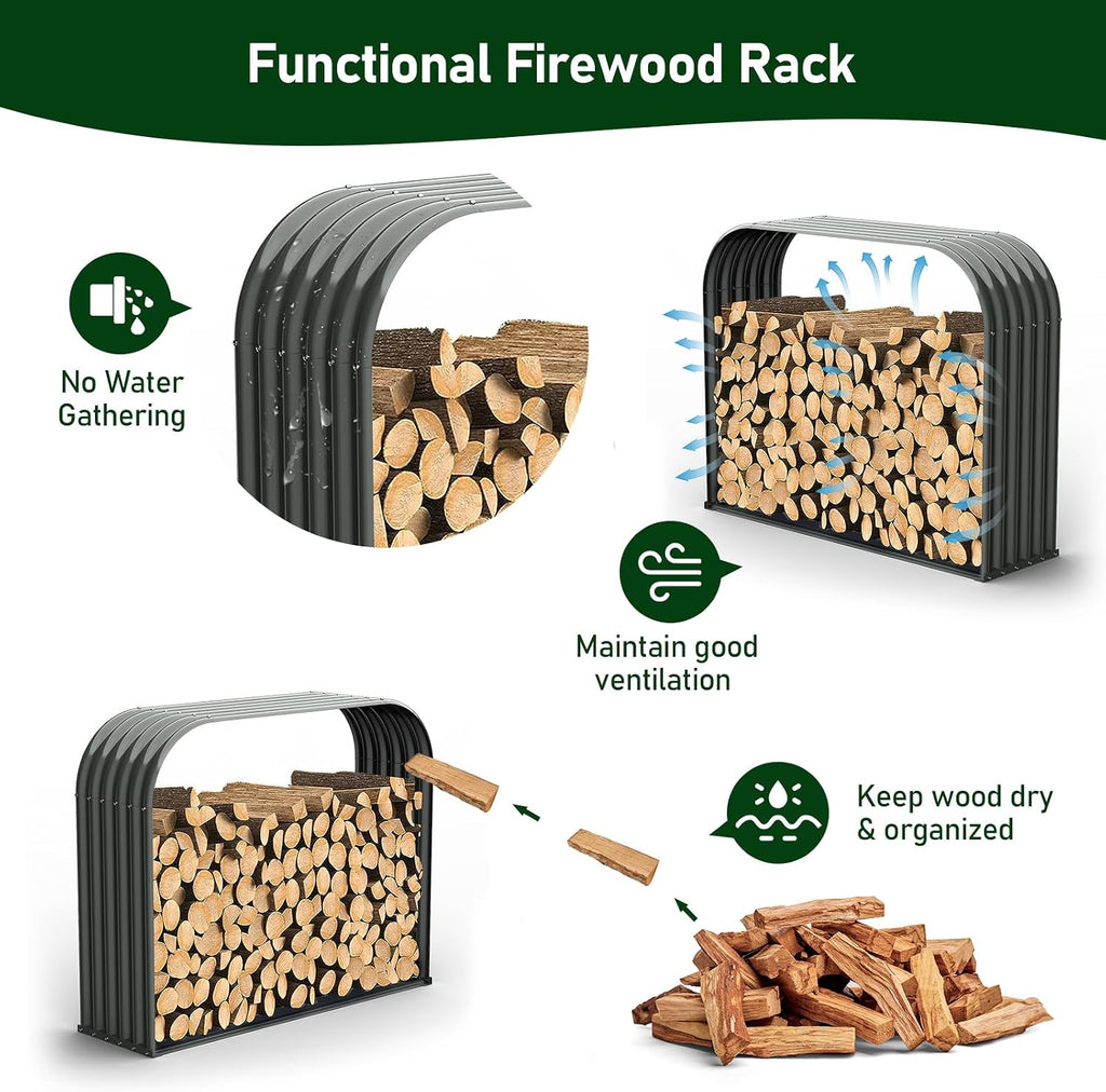 ANLEOLIFE Galvanized Steel Firewood Rack with Weatherproof Corrugated Roof (Shed-Style Log Storage), Heavy Duty Outdoor Log Holder, Rust Resistant, Trio Gray, 18'D x 54'W x 43'H
