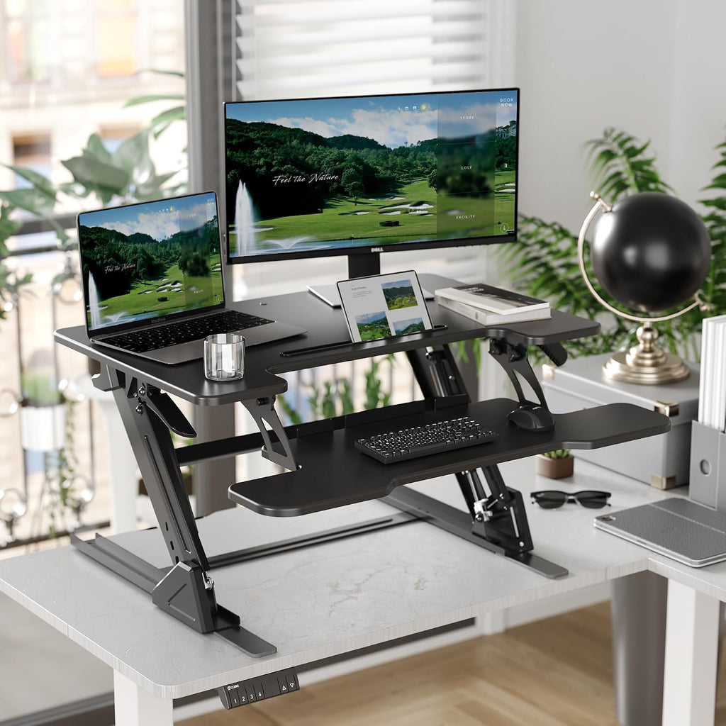 Claiks Standing Desk Converter 32 inch, Height Adjustable Sit Stand Up Desk Riser, Quick Sit to Stand Tabletop Dual Monitor Riser Workstation for Home Office with Keyboard Tray, Black