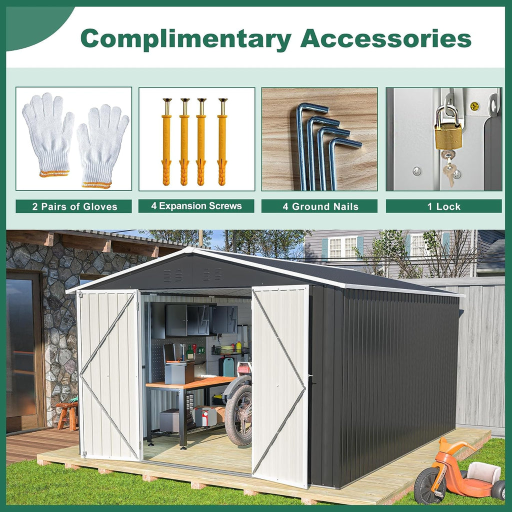 Ball & Cast 10×12 FT Outdoor Storage Shed,Metal Waterproof Tool Sheds with Lock and Key,Heavy-Duty Sheds Unit W/Doors and Vents,Galvanized Steel Garden House for Storing Bicycles,Barbeques,Black