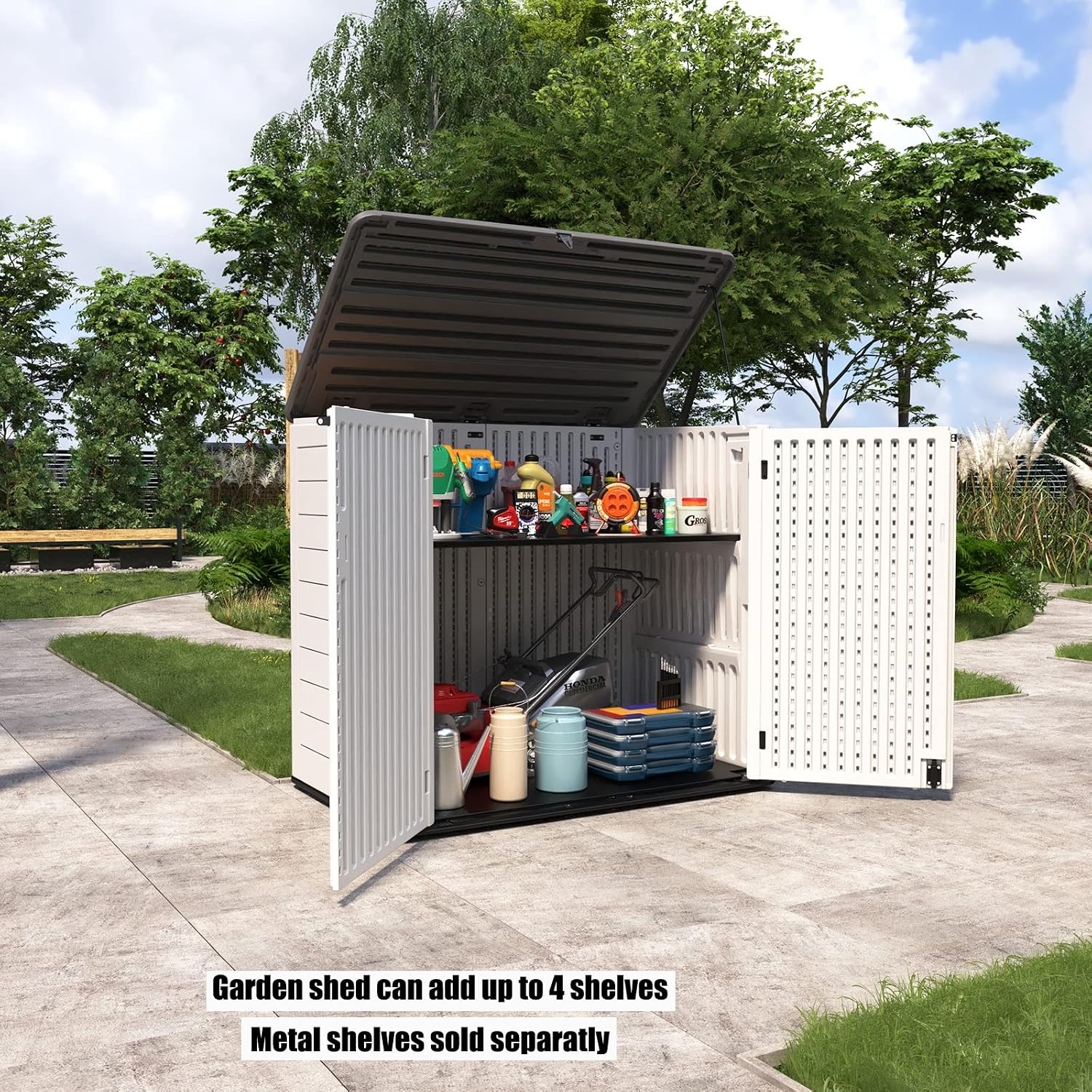 Mrosaa Resin Outdoor Storage Shed, 38 cu.ft Outdoor Storage Box Waterproof for Garden Tools, Patio Furniture, Trash Cans, Garage Storage, Customized Shelves & Lockable (Off White)