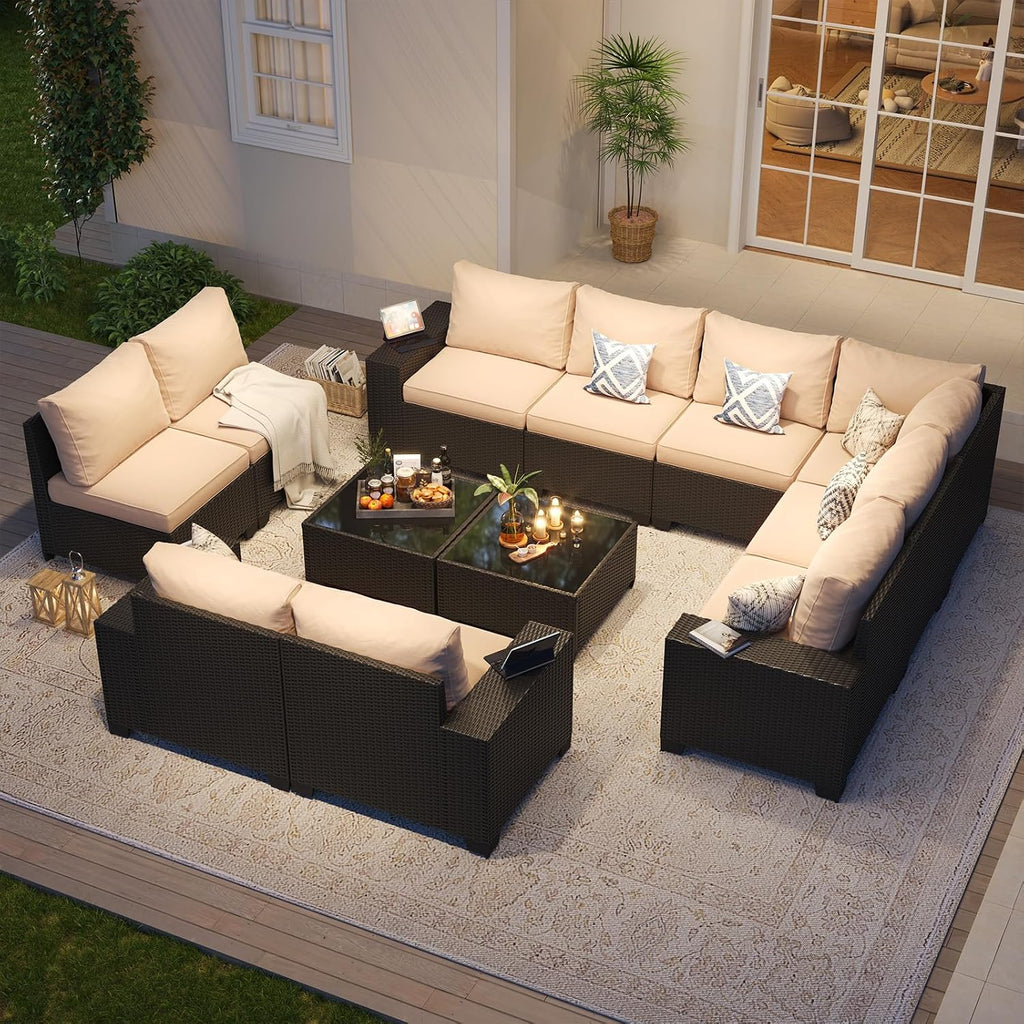Aoxun Patio Furniture Set, 12 Pcs Outdoor Patio Furniture Sets with 4 in Thicken Cushion and Coffee Table, Widen Armrests Wicker Outdoor Sectional for Backyard and Garden, Beige