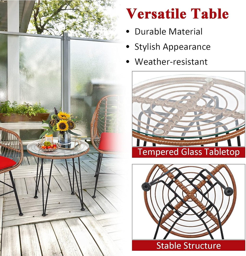 COSTWAY 3 Pieces Patio Bistro Set, Outdoor Rattan Conversation Seating Chair Set with Coffee Table & Soft Cushions, Indoor Wicker Furniture Set for Garden, Balcony, Porch, Pool, Red