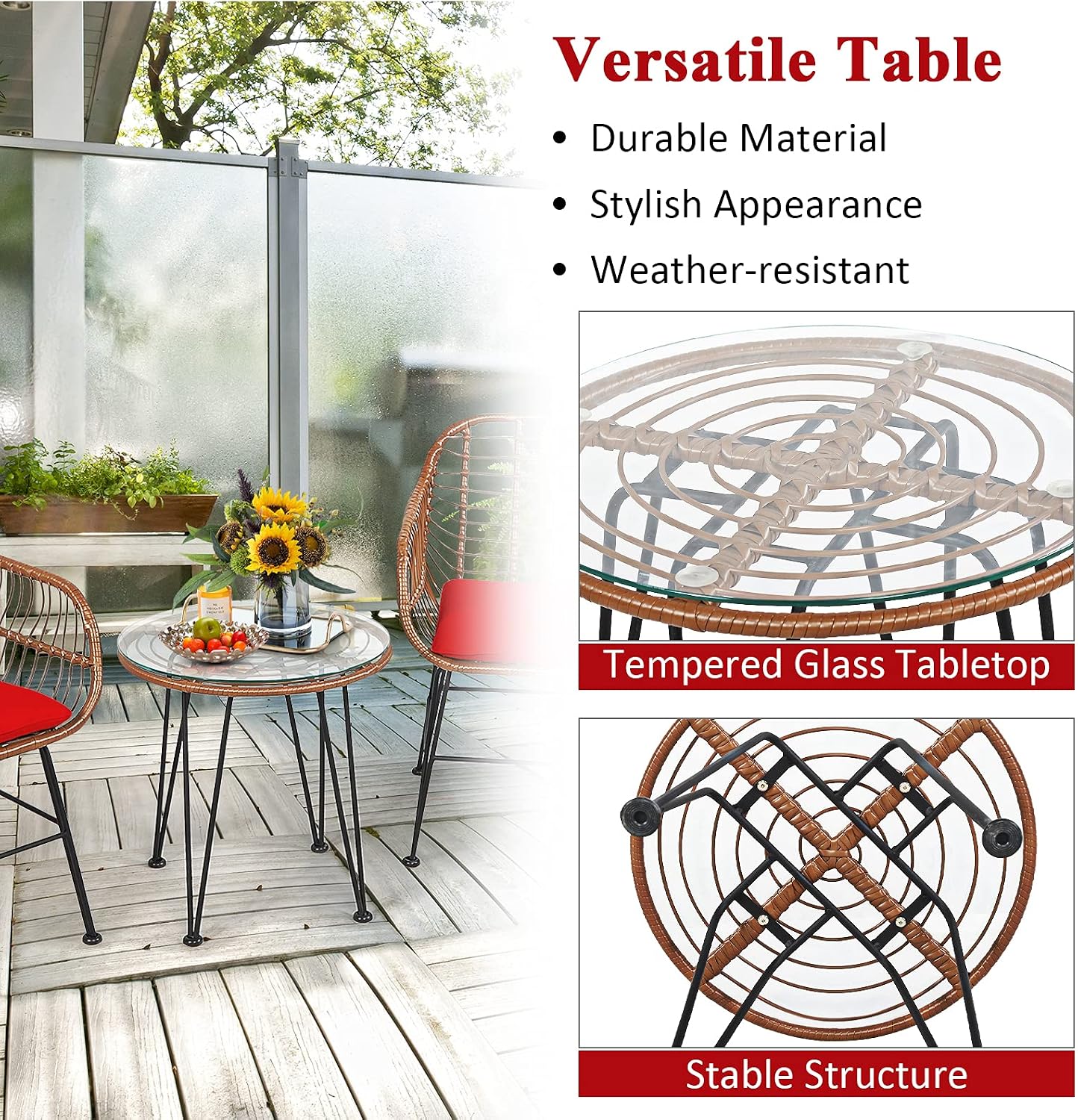 COSTWAY 3 Pieces Patio Bistro Set, Outdoor Rattan Conversation Seating Chair Set with Coffee Table & Soft Cushions, Indoor Wicker Furniture Set for Garden, Balcony, Porch, Pool, Red