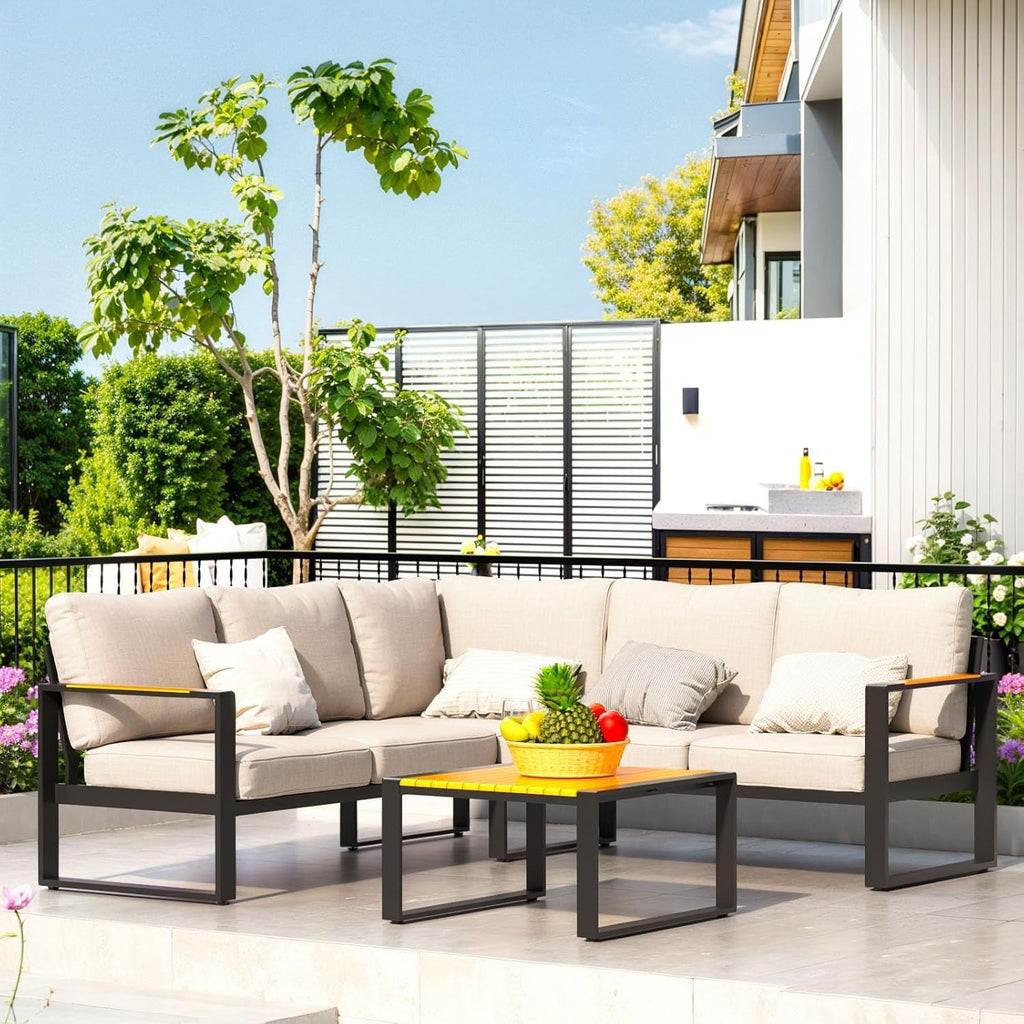 Aluminum Patio Furniture Set, All-Weather Outdoor Couch Sectional, L Shaped Patio Conversation Sets, Metal Corner Sofa with Teak Coffee Table(Cushion: Beige., Black Frame)