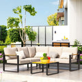 Aluminum Patio Furniture Set, All-Weather Outdoor Couch Sectional, L Shaped Patio Conversation Sets, Metal Corner Sofa with Teak Coffee Table(Cushion: Beige., Black Frame)