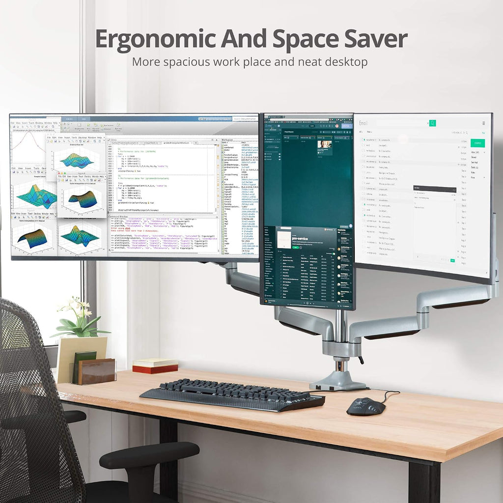 SIIG Triple Monitor Desk Mount-13 to 32',Silver,Premium Gas Spring,for Flat Panel/Curved Monitor,Fully Adjustable, 3 Display(s),Load Bearing 15.4 lbs max Each,VESA 75 x 75, 100 x 100 CE-MT3611-S1