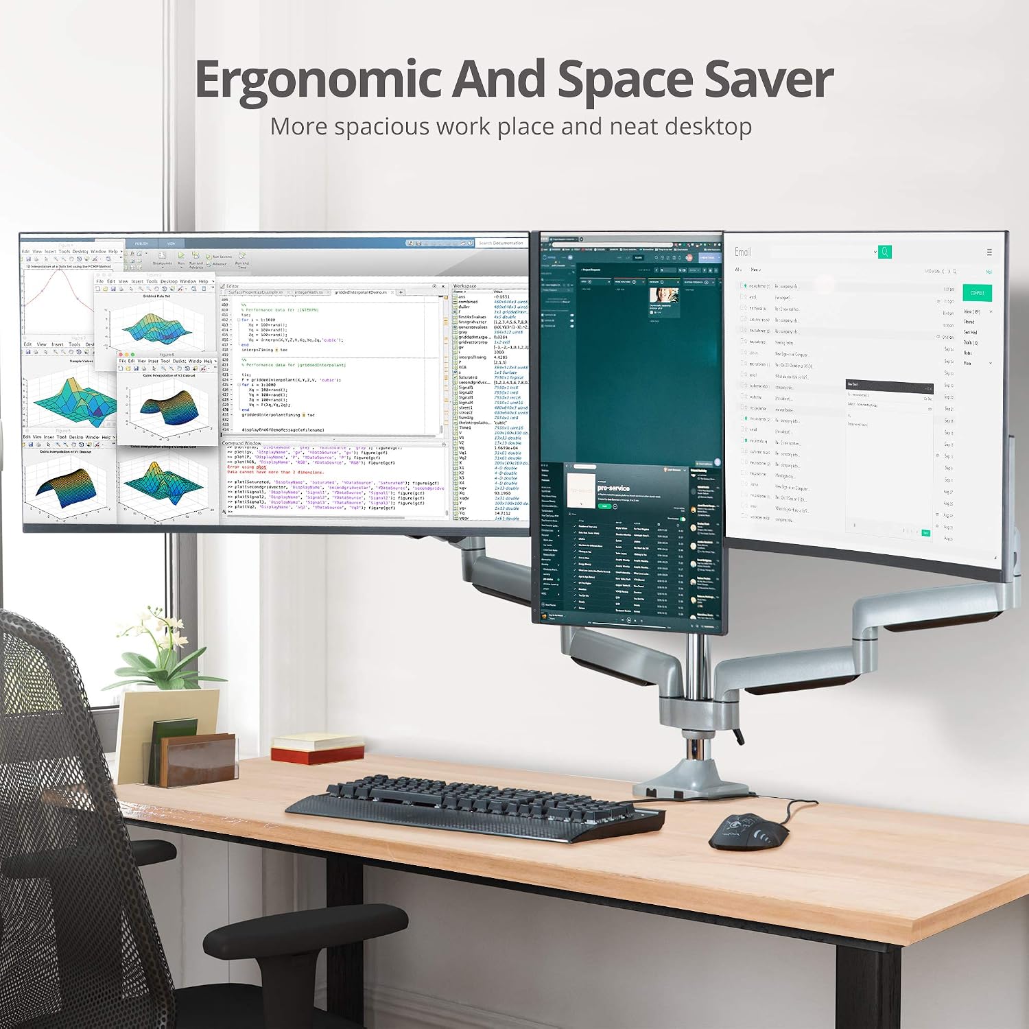 SIIG Triple Monitor Desk Mount-13 to 32',Silver,Premium Gas Spring,for Flat Panel/Curved Monitor,Fully Adjustable, 3 Display(s),Load Bearing 15.4 lbs max Each,VESA 75 x 75, 100 x 100 CE-MT3611-S1