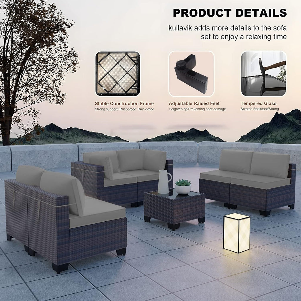 Kullavik 7 Pieces Outdoor Patio Furniture Set,Sectional Rattan Sofa Set Brown PE Rattan Wicker Patio Conversation Set with Tempered Glass Coffee Table and Washable Cushions Covers,Grey