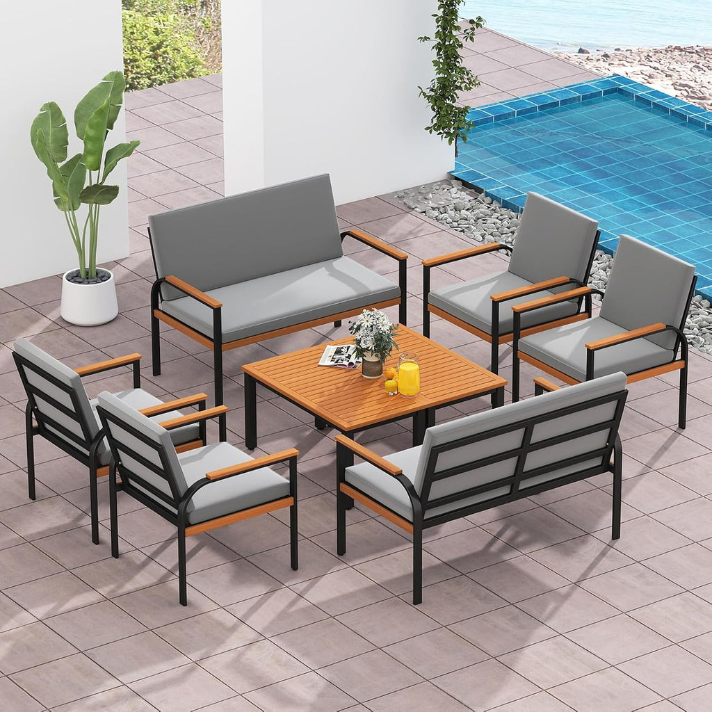 Tangkula 8 Pieces Patio Furniture Set, Outdoor Conversation Set with Acacia Wood Coffee Table, Cushioned Loveseat & 2 Single Armrest Chairs, for Porch, Garden, Backyard, Poolside