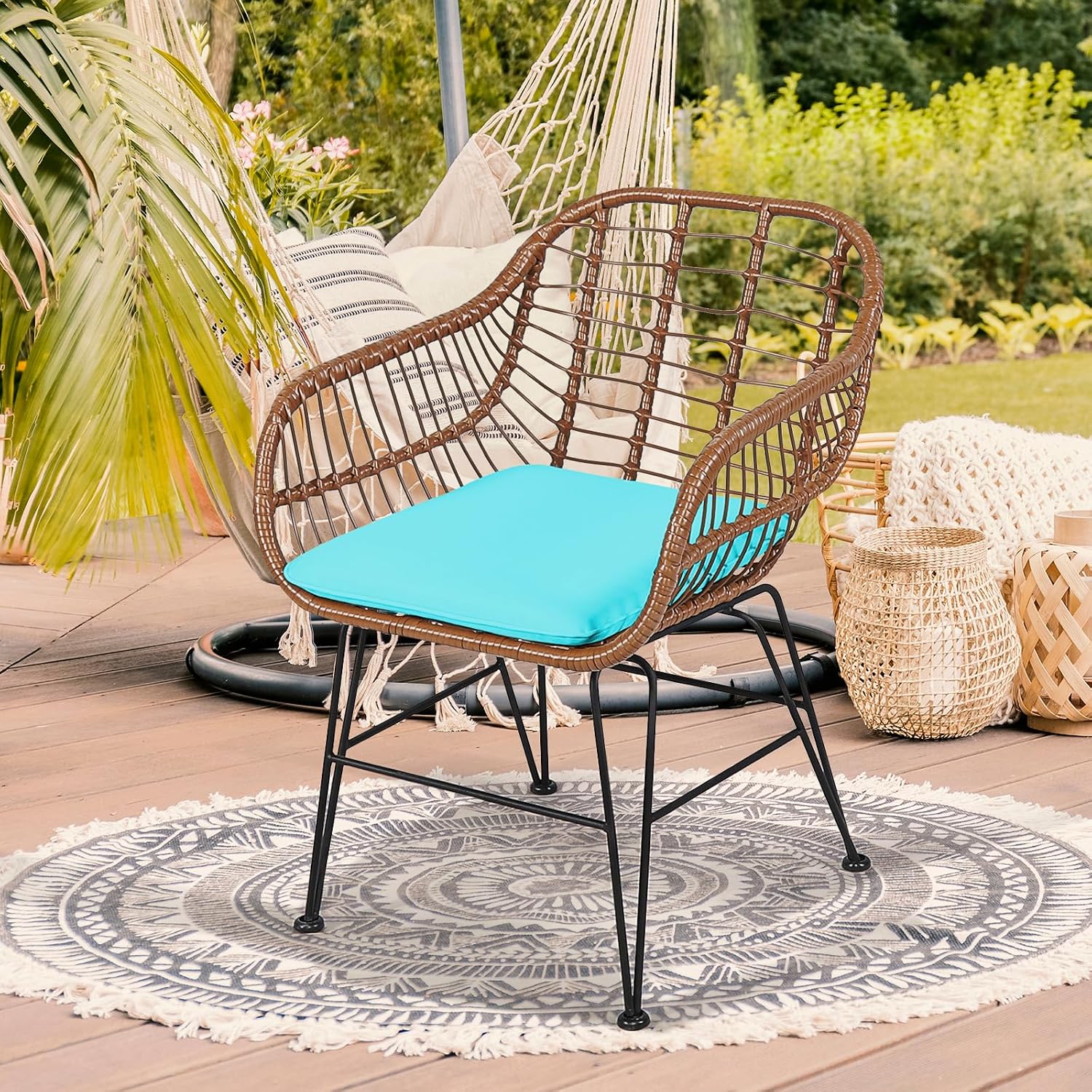 COSTWAY 3 Pieces Patio Bistro Set, Outdoor Rattan Conversation Seating Chair Set with Coffee Table & Soft Cushions, Indoor Wicker Furniture Set for Garden, Balcony, Porch, Pool, Turquoise