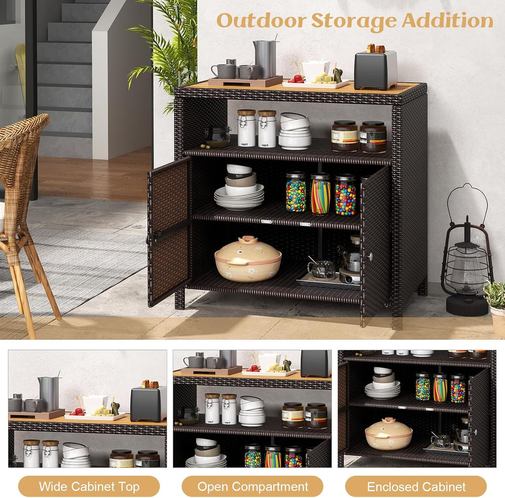 Tangkula Rattan Outdoor Storage Cabinet, Patiojoy Outdoor Cabinet with Acacia Wood Countertop, Open Compartment, 2-Door Wicker Sideboard, Outdoor Bar for Patio Garden Backyard Poolside (Mix Brown)