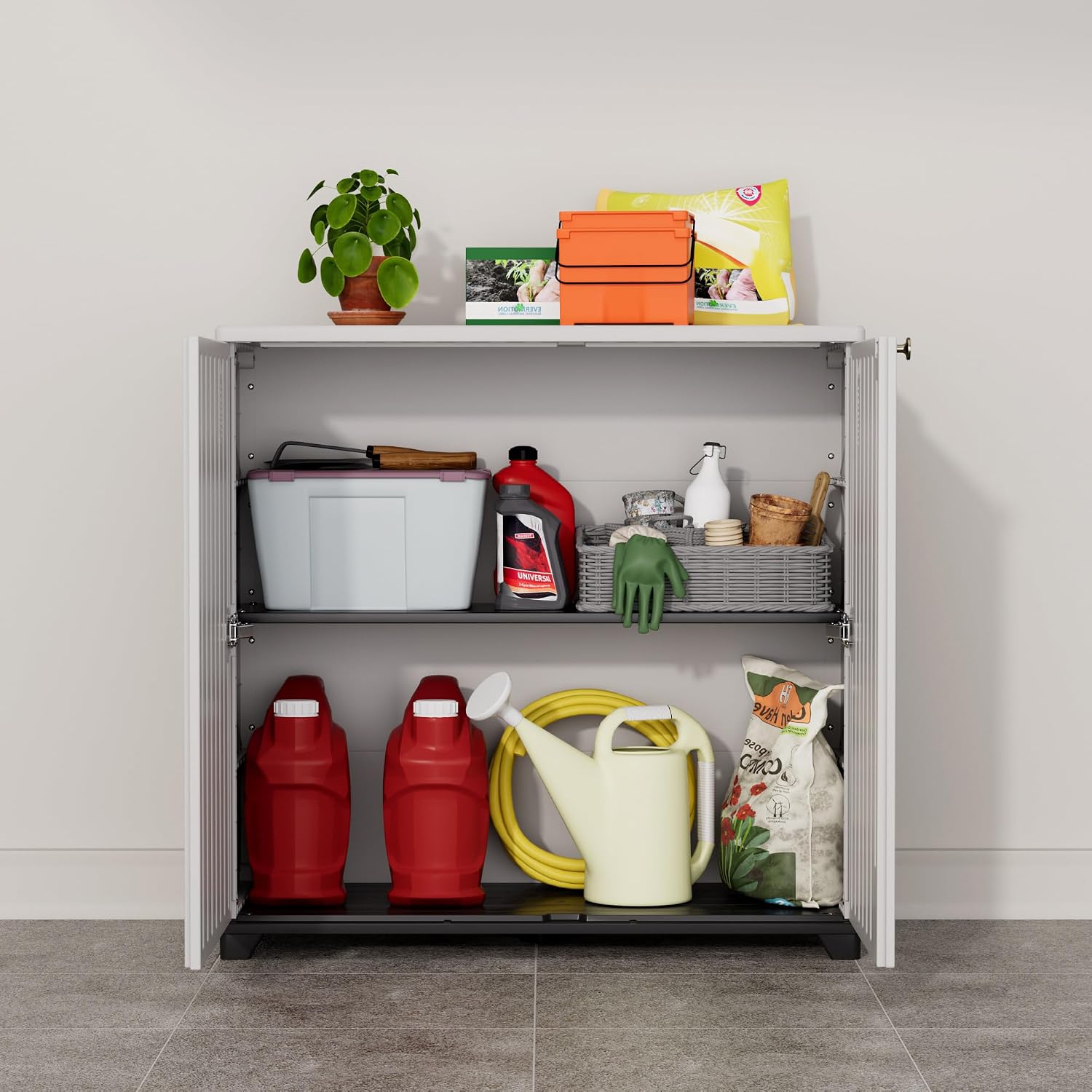 ADDOK Indoor Outdoor Plastic Storage Cabinet 34'x15'x34' with 1 Shelf, Outdoor Storage Shed for Living Room, Hallway, Balcony, Garage, Garden, Backyard-White