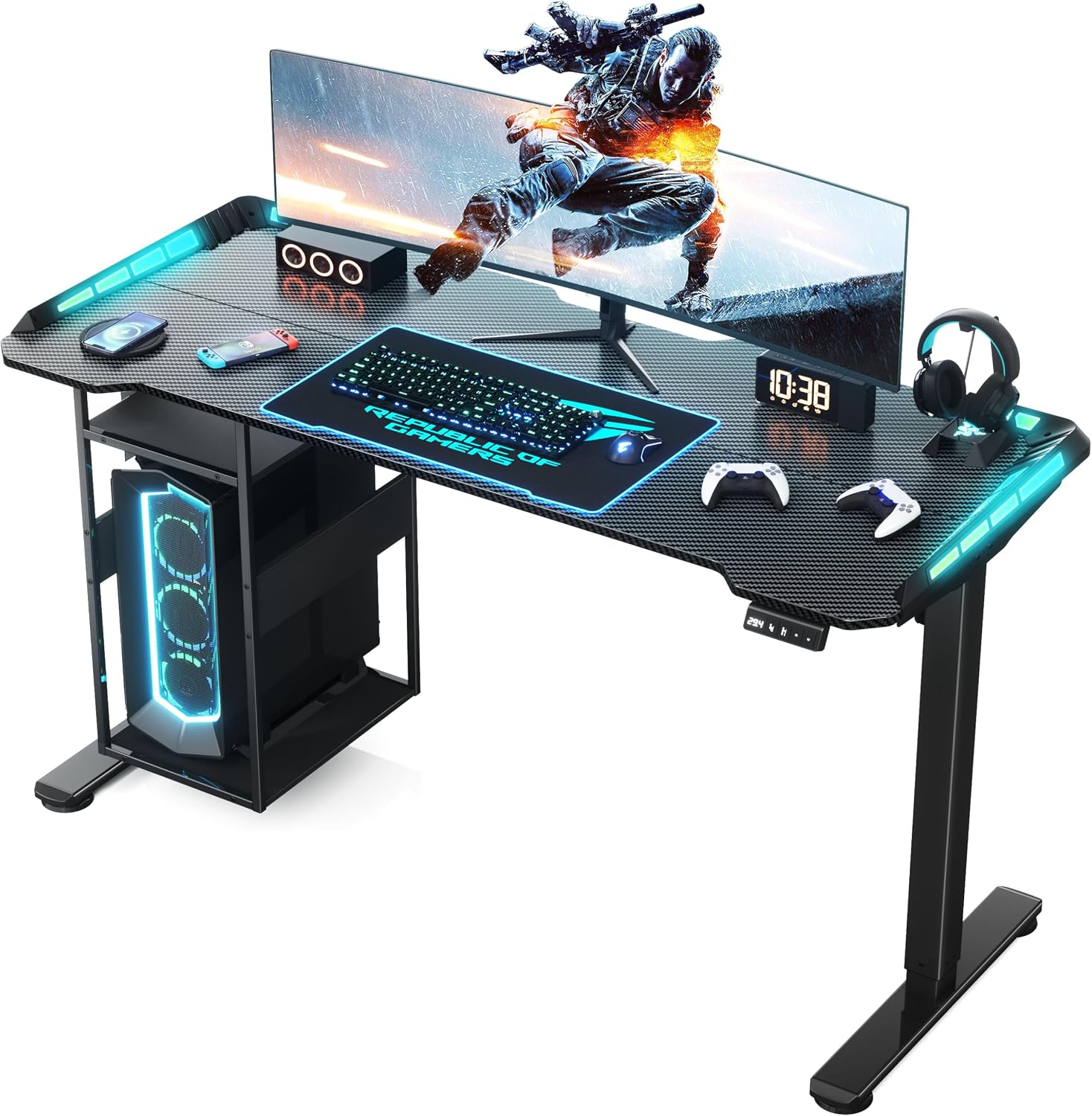 Gaming Standing Desk with LED Lights & Host Shelf, 55' x 24' Gaming Table with Music Sensing APP Control, Underdesk Cable Storage Electric Standing Desk, Black Carbon Fiber PC Table for Home Office