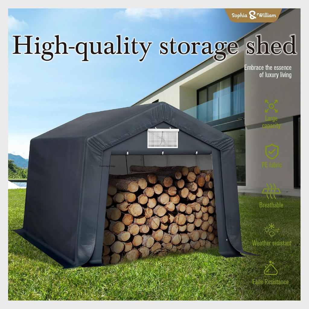 Sophia & William Carport Storage Shed 10x15 ft Portable, Heavy Duty Car Port Canopy Garage Shelter with Sidewalls and Roll Up Doors for Automobile Boat Motorcycle Bike, Gray