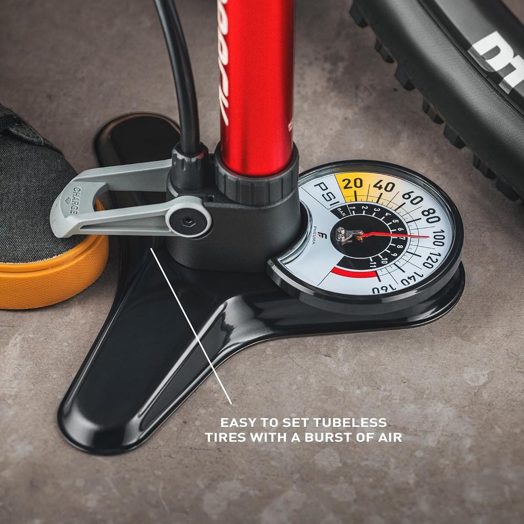 FEEDBACK SPORTS | Pneuma CC Compact Charger Floor Pump | Dual-Function Tubeless Tire Inflator & High-Pressure Floor Pump with Concealed Air Tank, Oversized Gauge & Accessory Storage