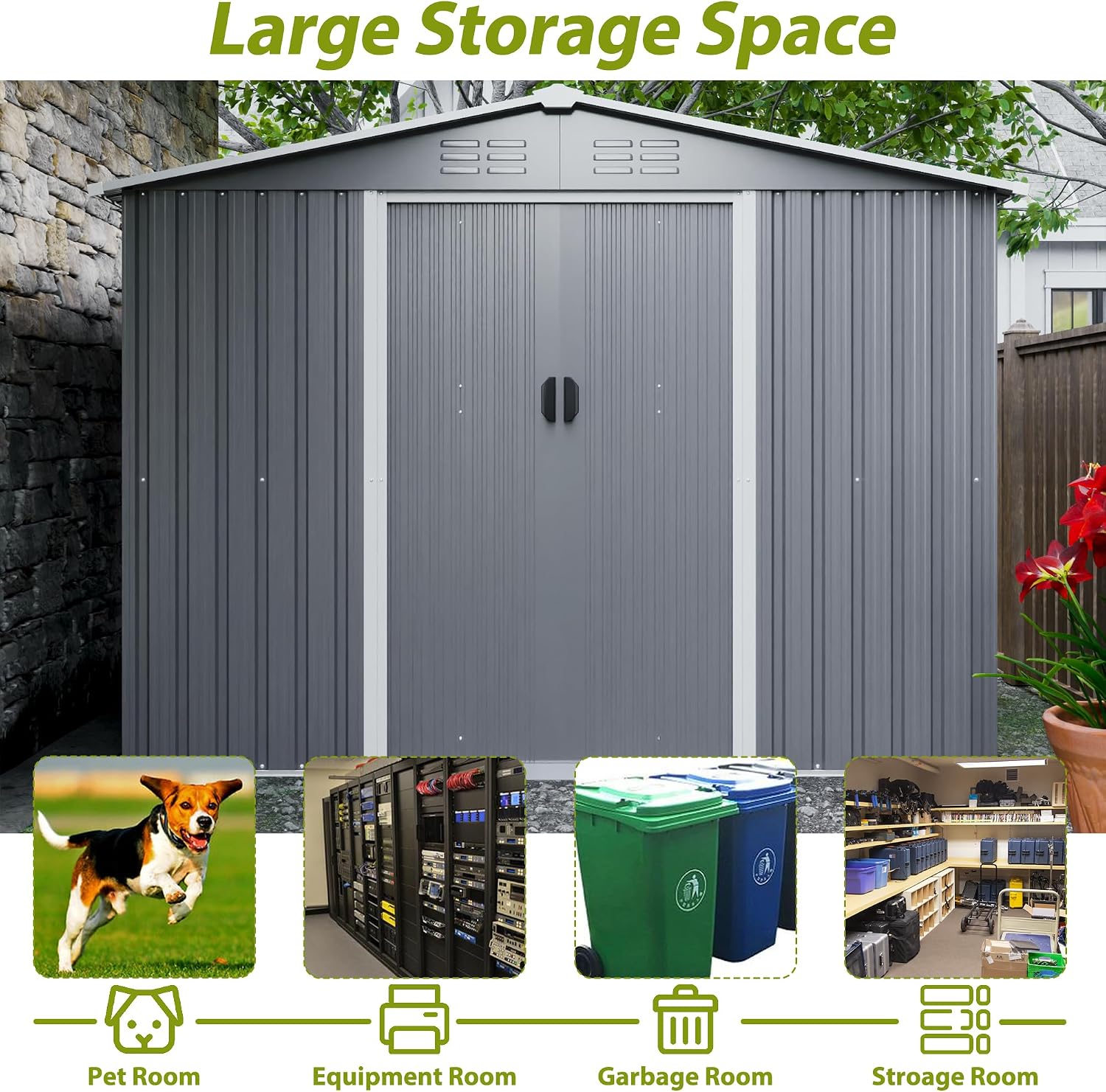 8x6 ft Outdoor Metal Storage Shed with Sliding Door, Heavy-Duty Weather Resistant Steel Garden Shed with Floor Base Kit Included