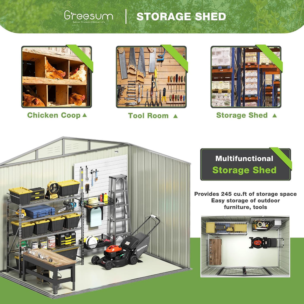 Greesum 8x6FT Outdoor Storage Shed, Utility Tool Shed with Sloping Roof, Metal Storaged Garden Shed with Door & Lock for Patio Storage, Brown