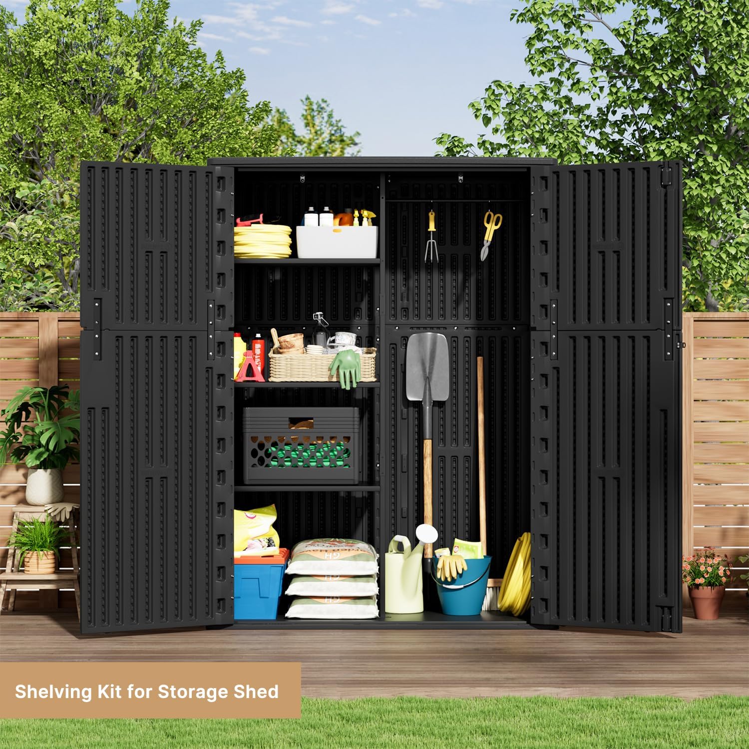 KINYING Outdoor Storage Cabinet Waterproof, 57 Cu.ft Resin Vertical Outdoor Storage Shed for Patio Furniture, Garden Tools, Pool Accessories, Mower Storage (Black)
