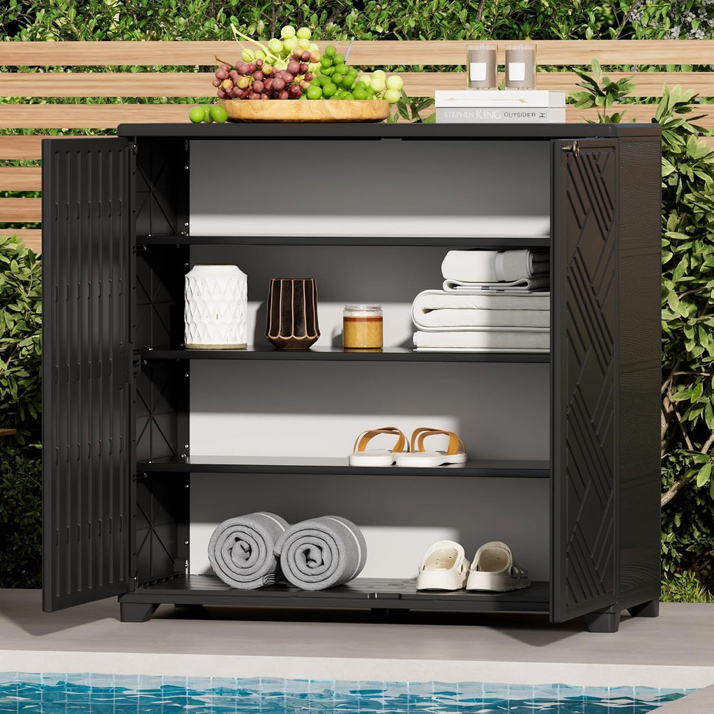 ADDOK Indoor Outdoor Plastic Storage Cabinet 34'x15'x34' with 1 Shelf, Outdoor Storage Shed for Living Room, Hallway, Balcony, Garage, Garden,Black