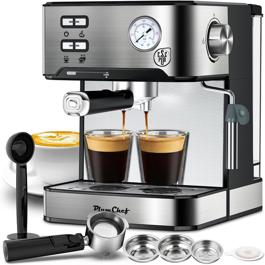 Plum chef 20 Bar Espresso Machine with Milk Frother, Dual Shot Coffee Maker, ESE Pod, Coffee Machine with Pressure Display, 54 OZ Removable Water Tank for Home Barista (Silver)