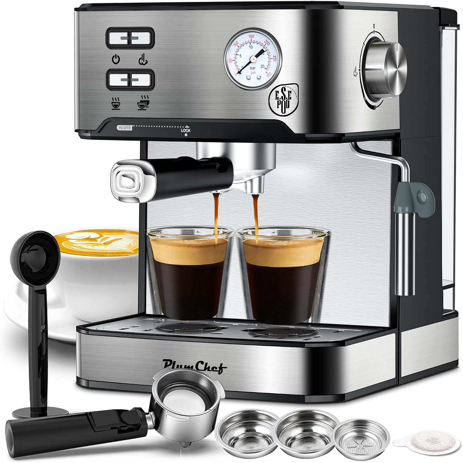 Plum chef 20 Bar Espresso Machine with Milk Frother, Dual Shot Coffee Maker, ESE Pod, Coffee Machine with Pressure Display, 54 OZ Removable Water Tank for Home Barista (Silver)