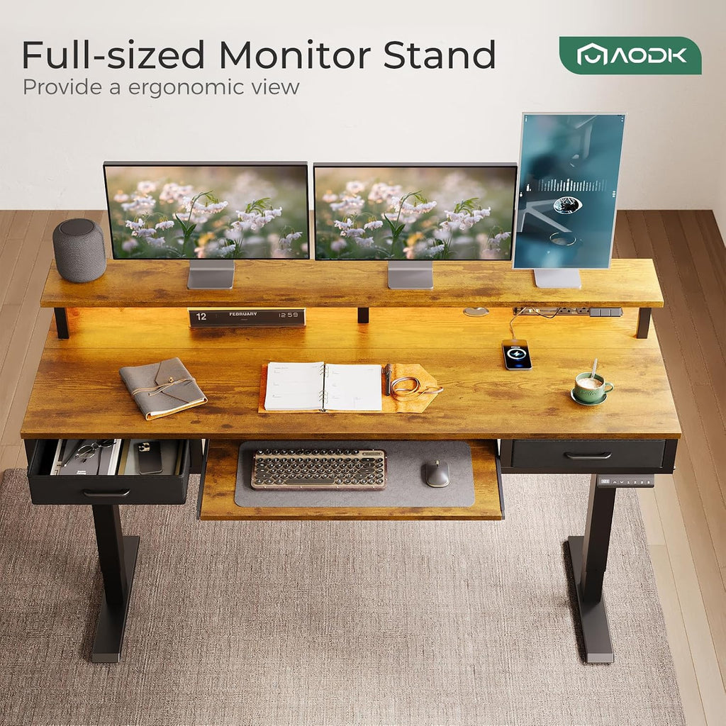 AODK Electric Standing Desk with Drawers & Keyboard Tray, 63 Inch Height Adjustable Gaming Desk with Power Outlets & LED Lights, Sit Stand Table with Monitor Stand for Home, Office, Rustic Brown