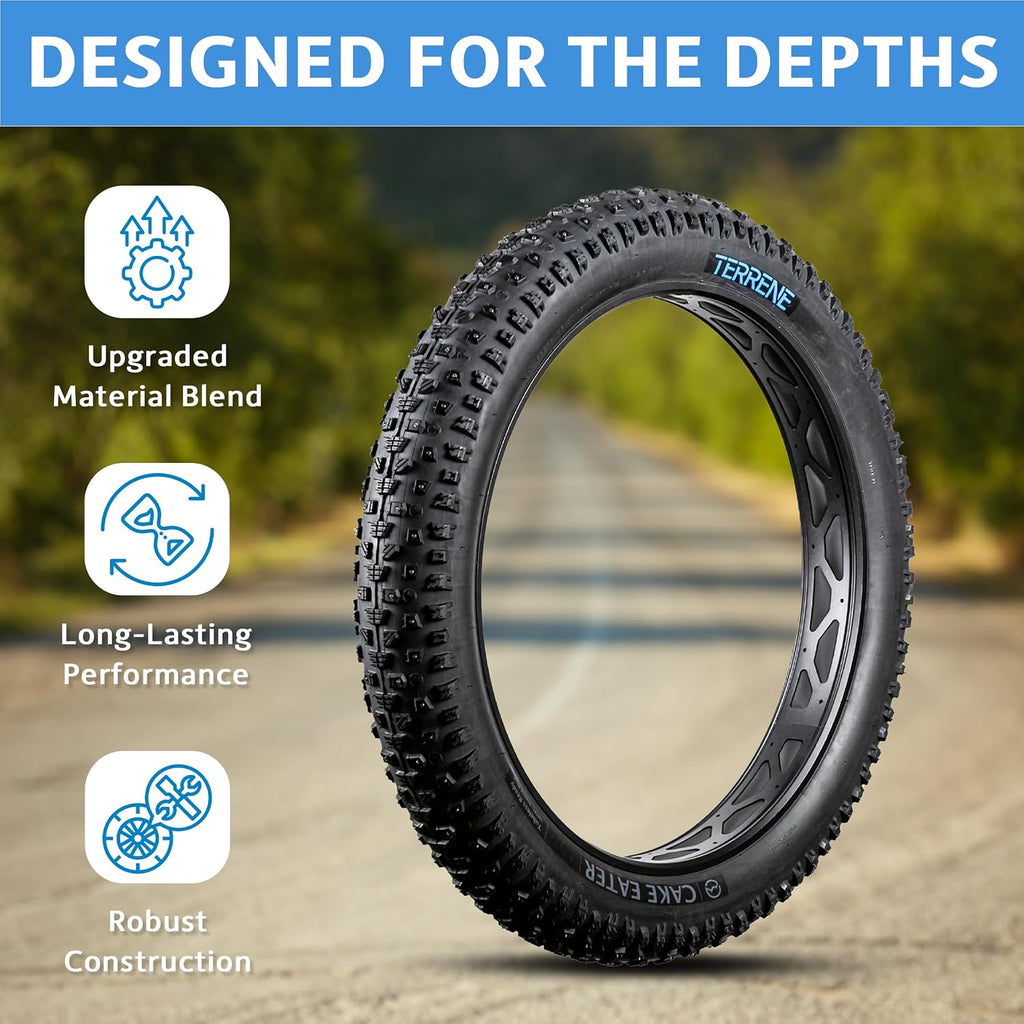 Fat Bike Tire by Terrene - Cake Eater Tubeless, Stud Capable, Fast Rolling Fat Tire - All Season Bike Accessories for Fat Tire and E-Bikes