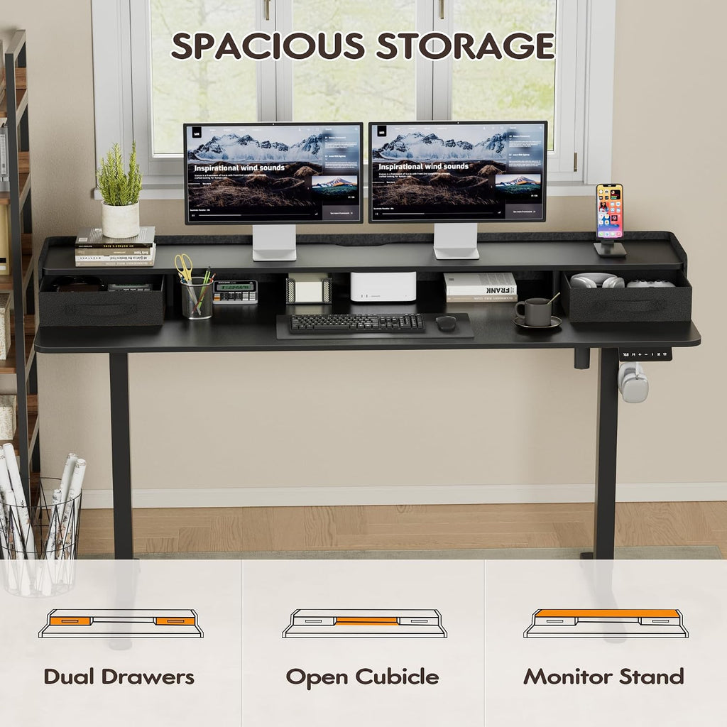 Furmax Electric Standing Desk with Drawers, Stand Up Desk with Storage Shelf Height Adjustable Computer Desk with Organizer for Home Office Ergonomic(Black, 63 Inch)