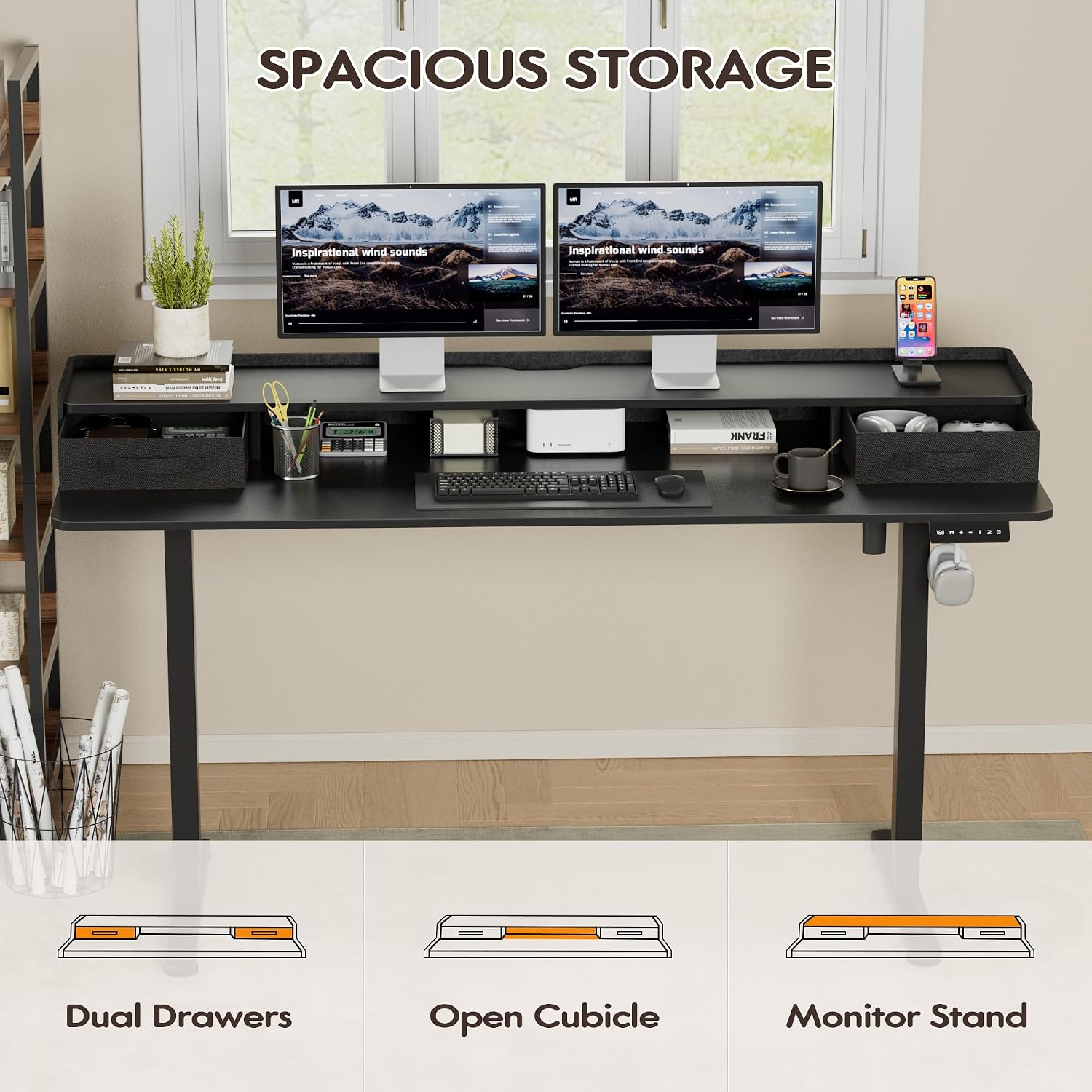Furmax Electric Standing Desk with Drawers, Stand Up Desk with Storage Shelf Height Adjustable Computer Desk with Organizer for Home Office Ergonomic(Black, 63 Inch)
