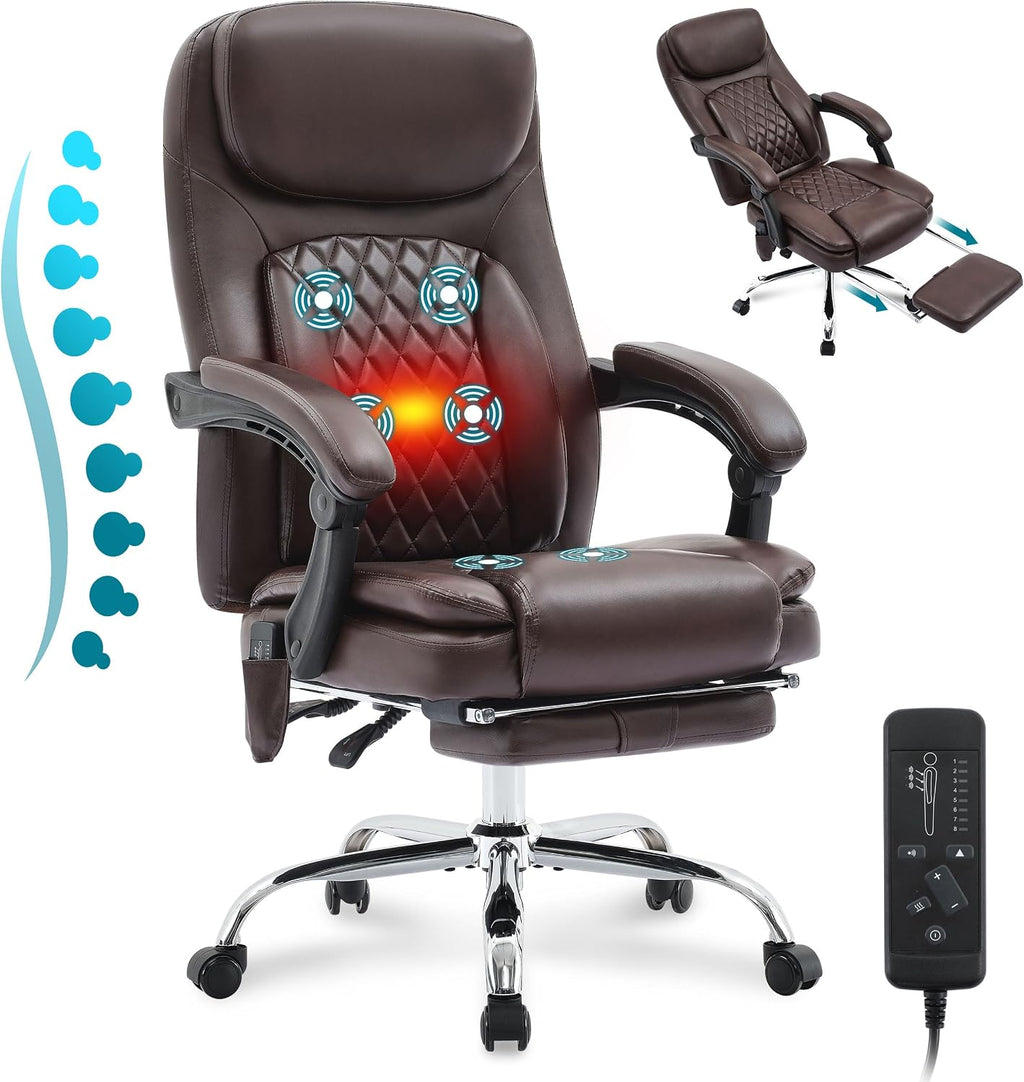 6-Point Massage Office Chair with Heated, Ergonomic Office Chair with Footrest & 45°Reclining High Back, Big and Tall Executive Office Chair 500LBS, Thick Cushion Desk Chair for Home Office, Brown(PU)