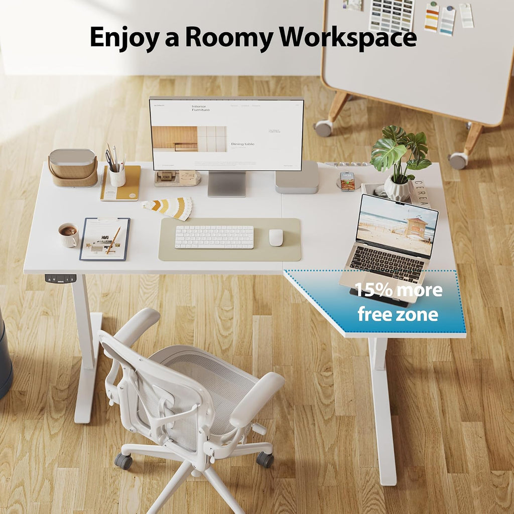 Agilestic Electric Standing Desk, Height Adjustable Desk, 55 x 32 Inch Sit Stand up for Work Office Home, L Shaped Ergonomic Rising Computer Table with Memory Preset, White