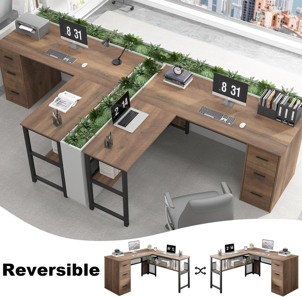 LVB Wood L Shaped Desk, Large Computer Office Desk with File Cabinets, Reversible Executive L Shape Gaming Desk with Drawers, Metal Wooden Corner Desk Table with with Storage Shelf, Rustic Oak 59 Inch