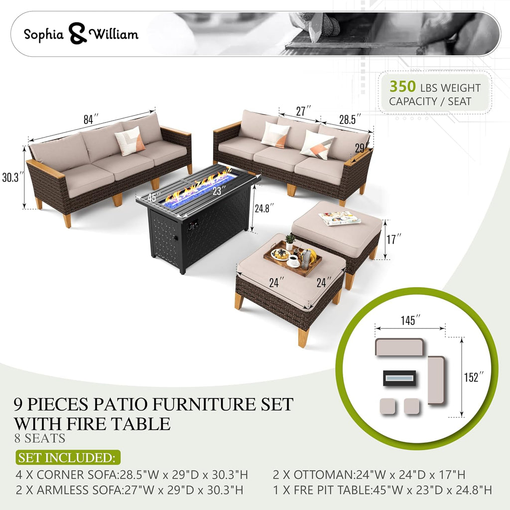 Sophia & William Outdoor Patio Furniture Set with Fire Pit Table Large & High Back 9PCS Wicker Patio Sectional Sofa Conversation Set with 56' Fire Table, Ottoman & 4' Thick Cushions,Beige