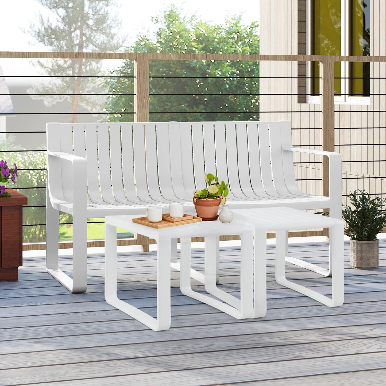 Tangkula 3-Piece Patio Furniture Set, Outdoor Conversation Set w/1 Loveseat & 2 Side Tables, All-Weather Patio Bistro Set for Lawn, Backyard, Poolside, Balcony, Garden, Deck, Blue
