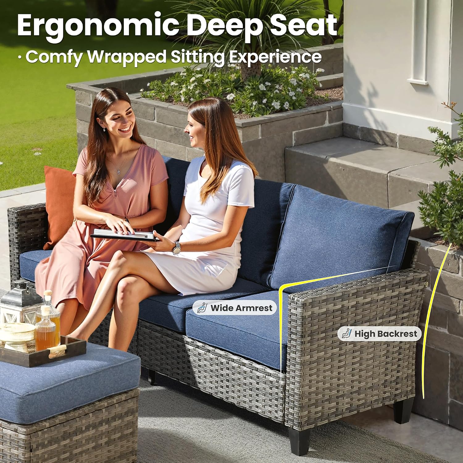 ovios 7 Pieces Patio Furniture Set, Outdoor Wicker Rattan Sofa Couch with Swivel Glider Chairs Loveseat Comfy Cushions Modern Conversation Set for Backyard Porch, Denim Blue