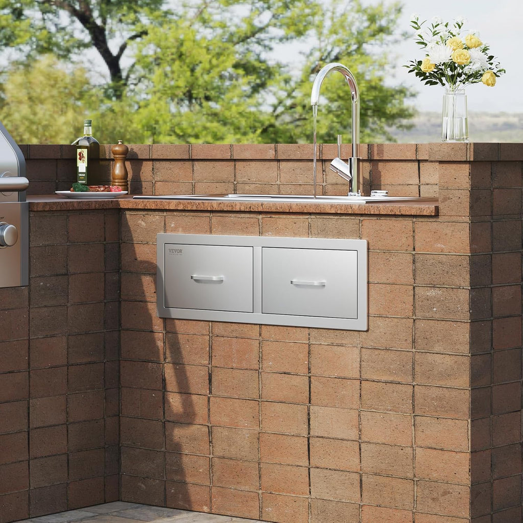 VEVOR Outdoor Kitchen Drawers 30' W x 10' H x 20' D, Horizontal Double BBQ Access Drawers Stainless Steel with Handle, BBQ Island Drawers for Outdoor Kitchens or Patio Grill Station
