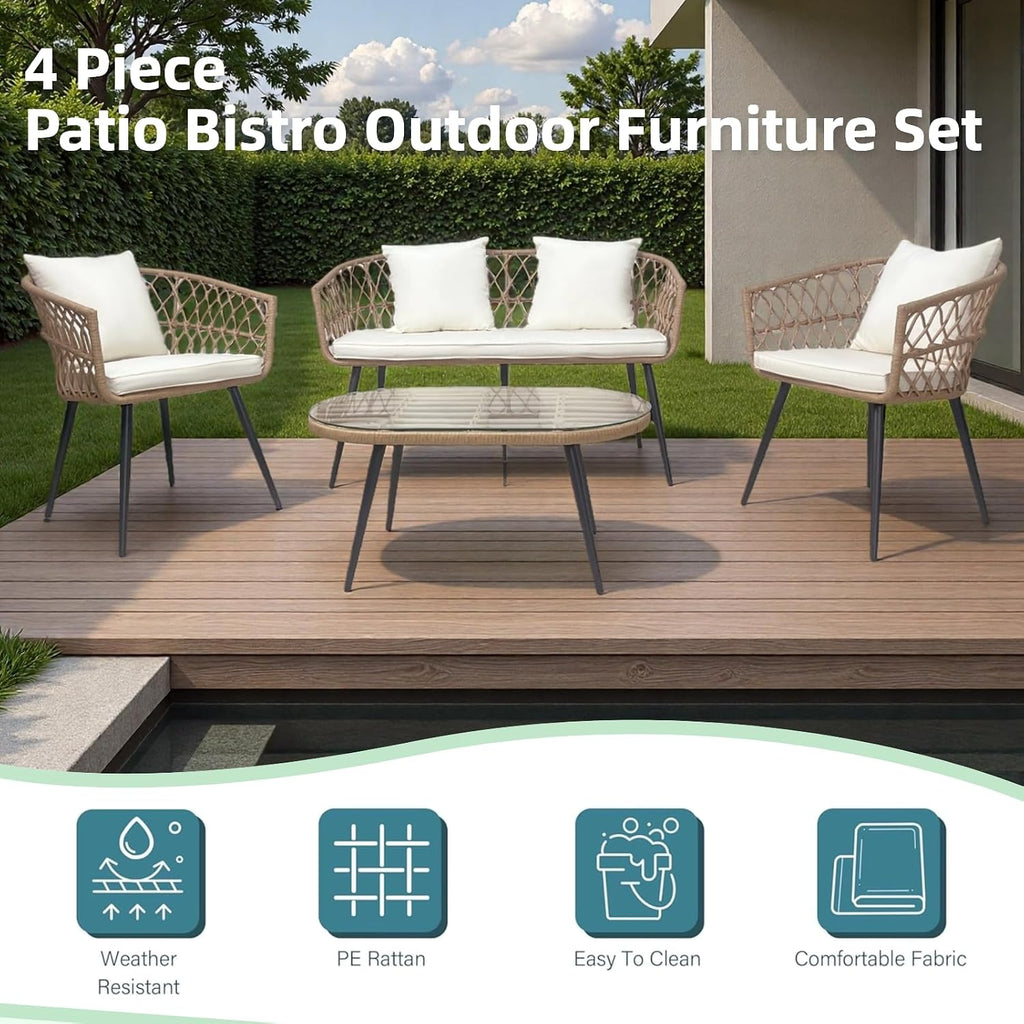 4 Piece Patio Furniture Set,Outdoor Conversation Set with Wicker Sofa, 2 Rattan Chairs and Glass Table, Patio Bistro Set with All Weather Cushions, for Garden, Porch, Backyard (Beige)