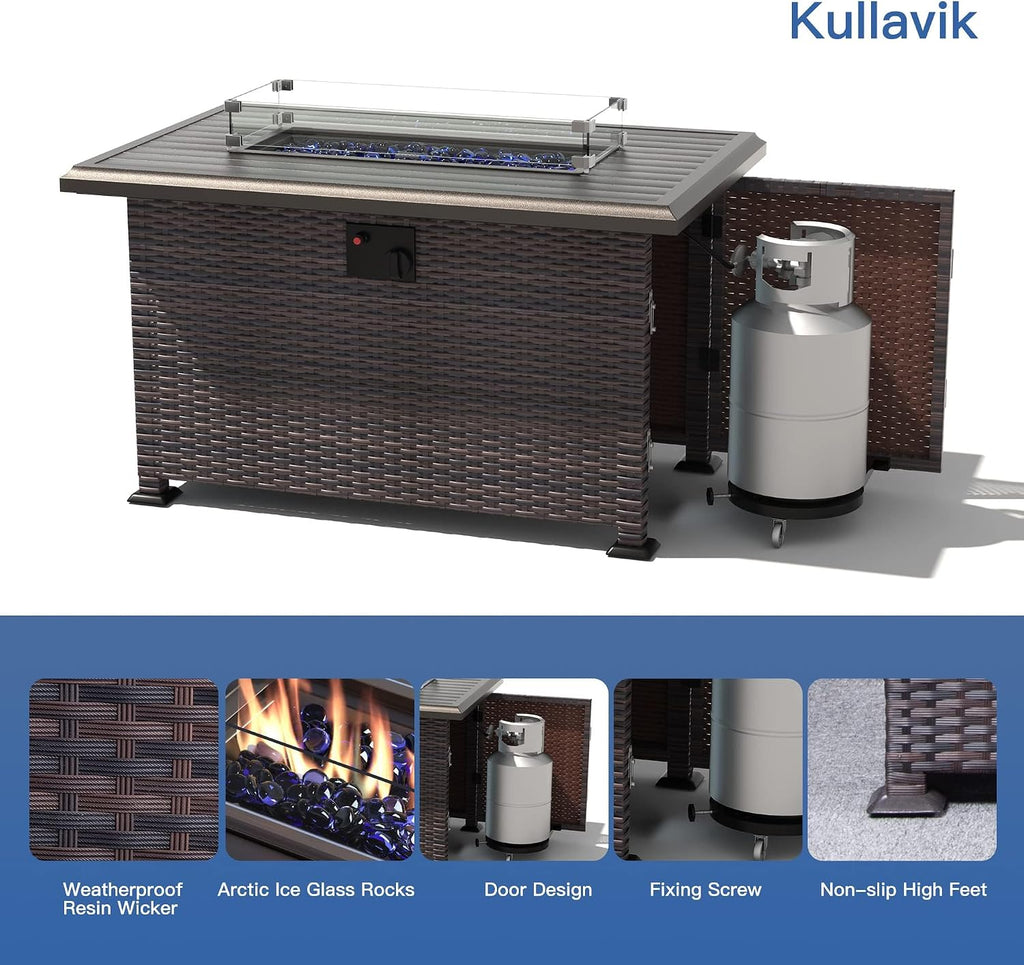Kullavik 8 Pieces Outdoor Patio Furniture Set with 43' 55000BTU Gas Propane Fire Pit Table PE Wicker Rattan Sectional Sofa Patio Conversation Sets,Navy Blue