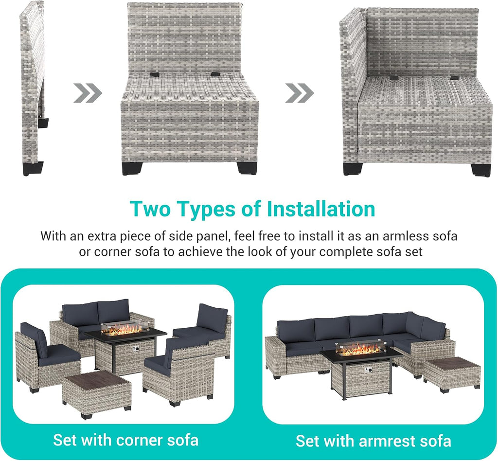 7 Pieces Outdoor Patio Furniture Set with 55,000 BTU Propane Fire Pit Table, PE Wicker Rattan Sectional Sofa Patio Conversation Set with Coffee Table, Dark Grey