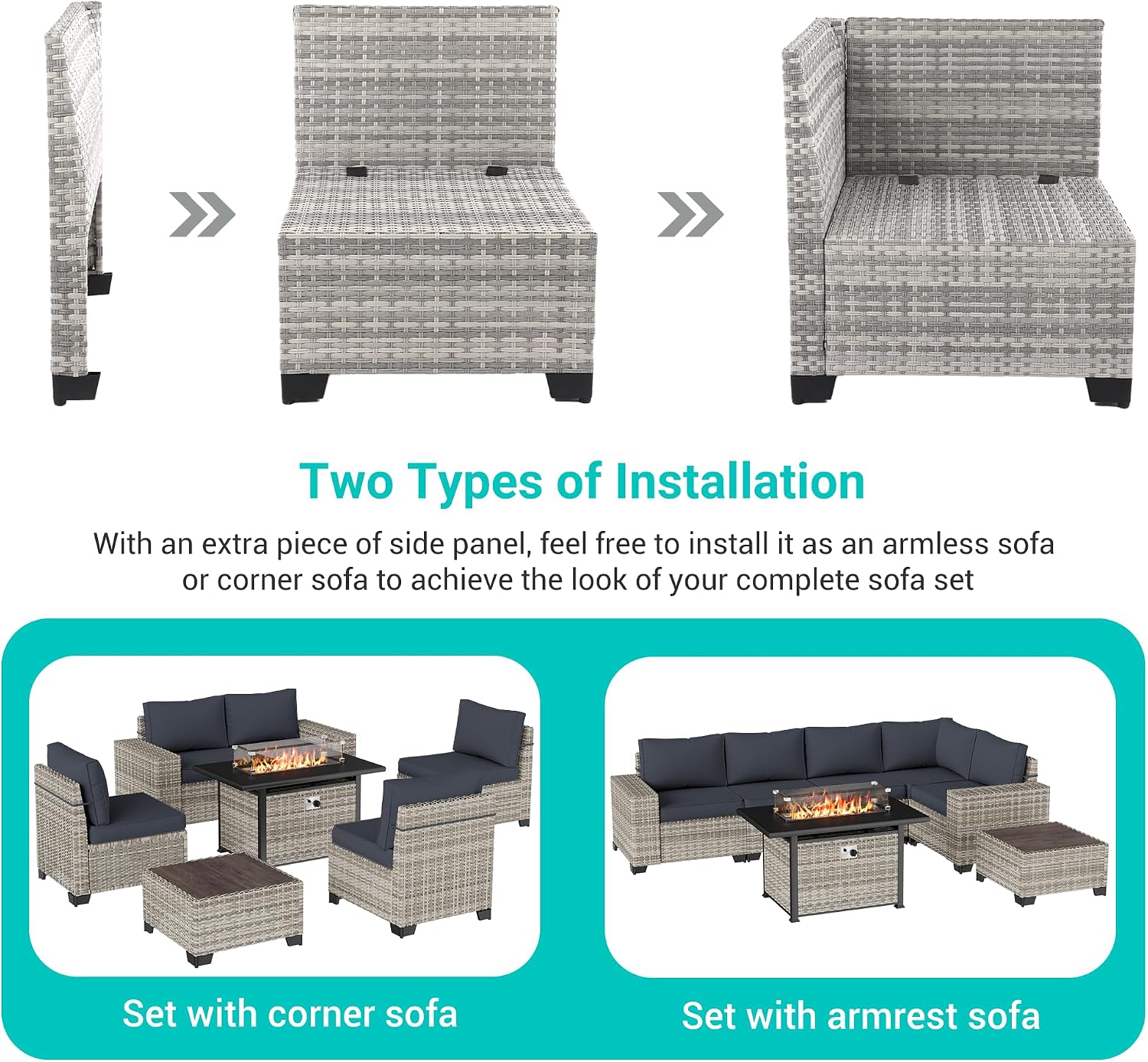 7 Pieces Outdoor Patio Furniture Set with 55,000 BTU Propane Fire Pit Table, PE Wicker Rattan Sectional Sofa Patio Conversation Set with Coffee Table, Dark Grey