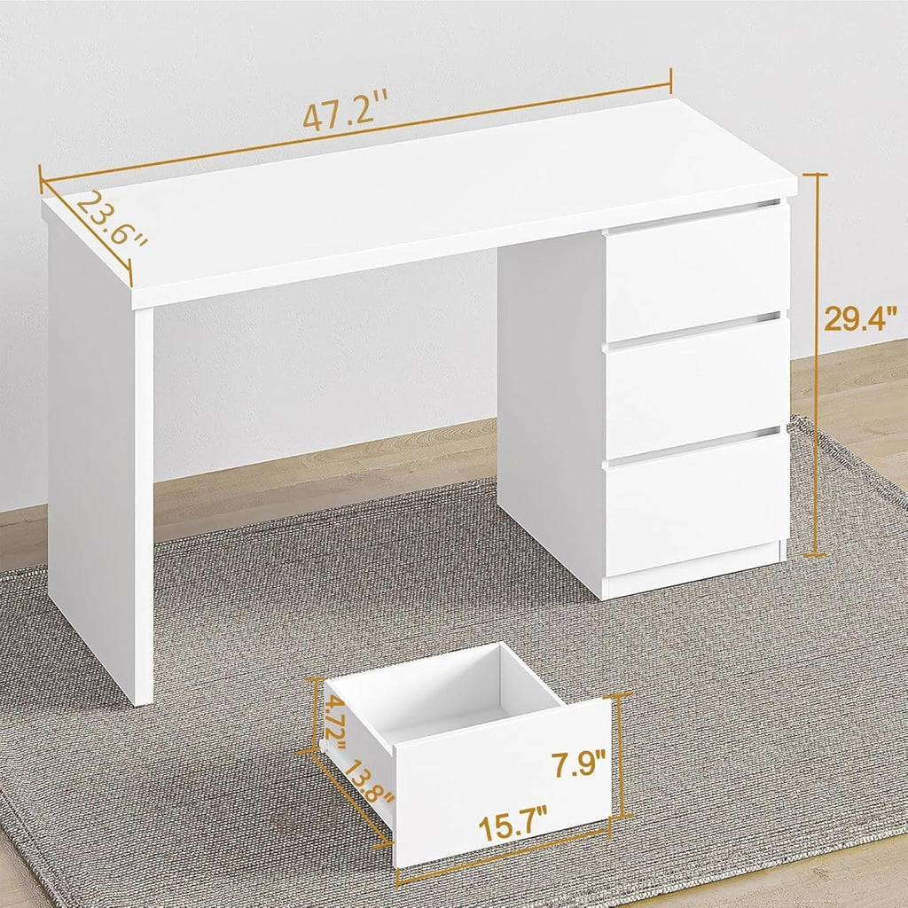 furtble White Desk with Drawers, 47'' W Home Office Desk Gaming Table, Modern Vanity Desk with Storage, Wood Computer Desk Writing Workstation for Bedroom, Living Room