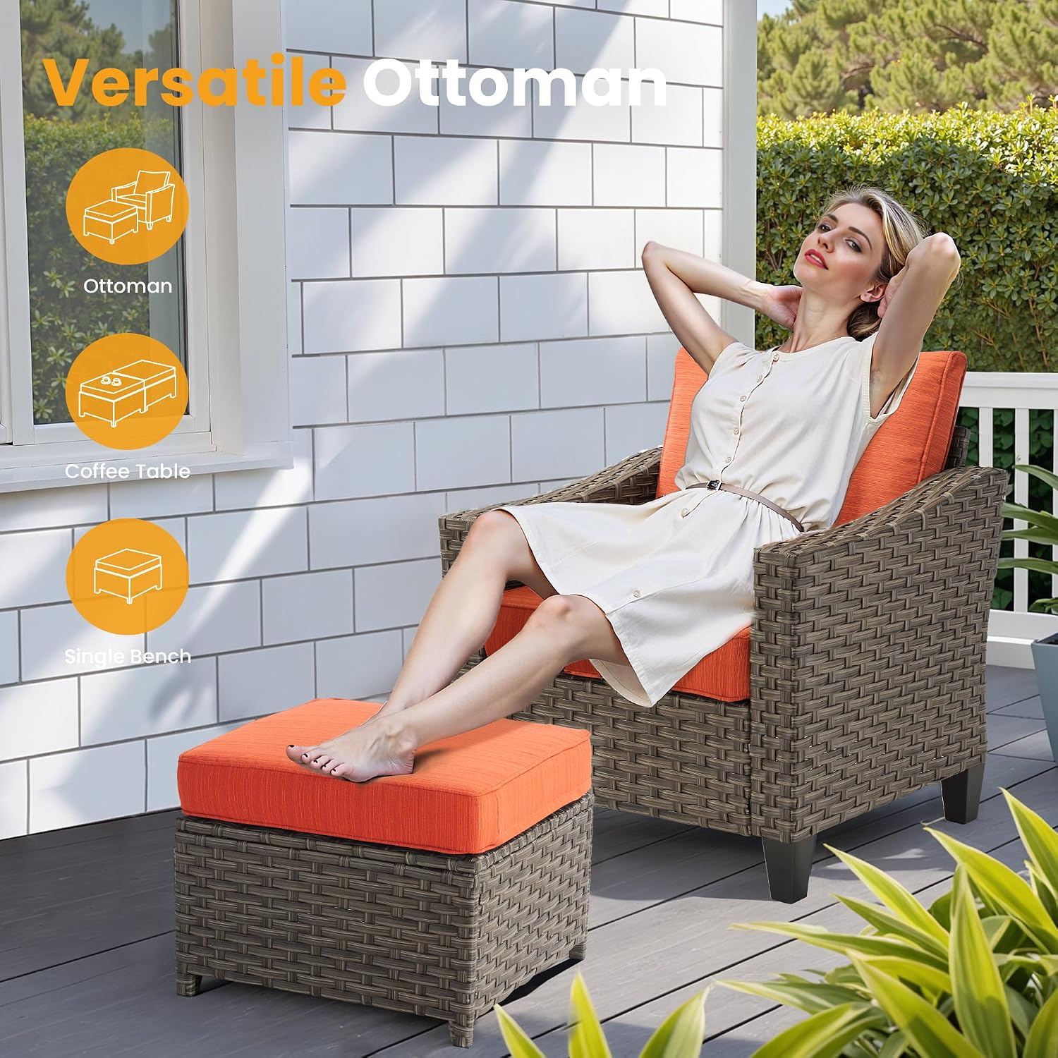5 PCS Outdoor Patio Furniture Set, All-Weather Rattan Wicker Conversation Group with Deep Seating, High Back Comfort for Porch, Backyard, Orange