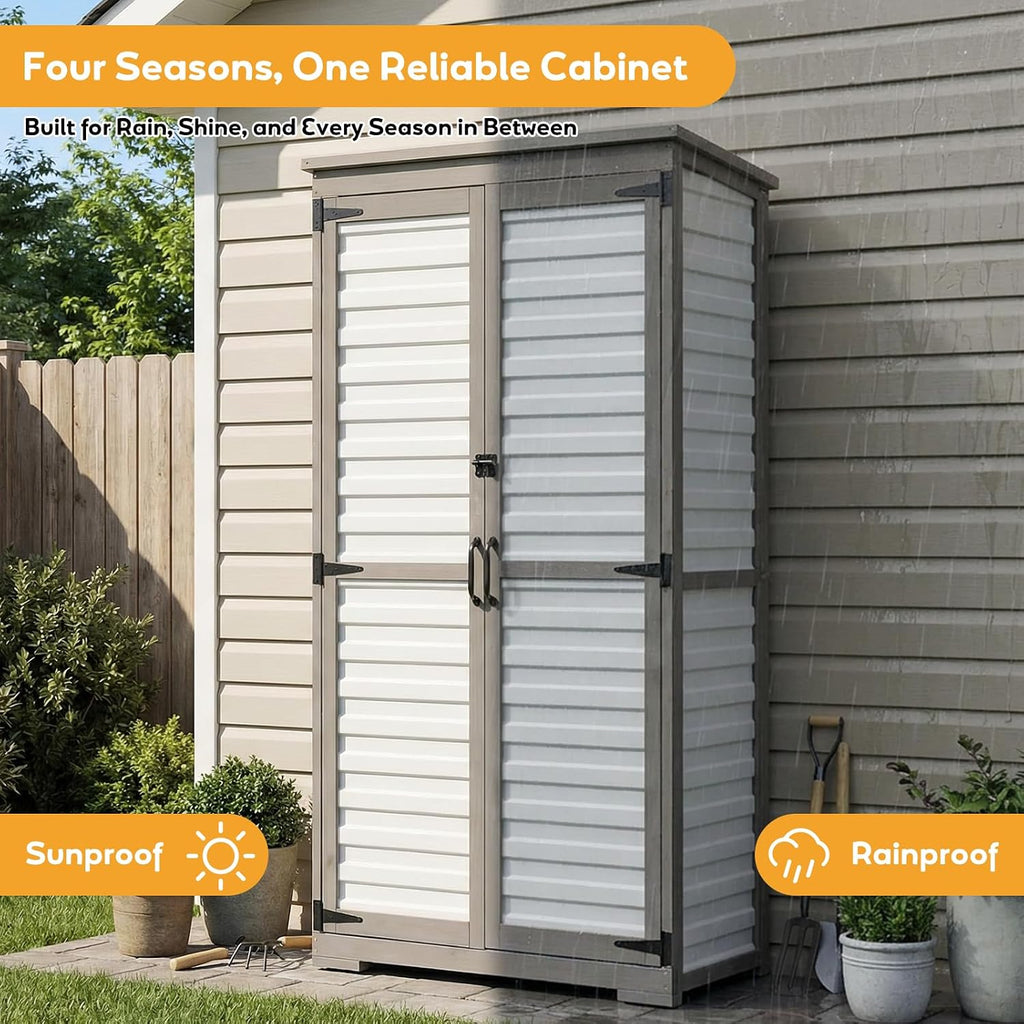Outdoor Storage Cabinet with Shelves, Lockable Garden Shed, Wood & Plastic Weatherproof Outside Tool Cabinet for Patio, Backyard, Balcony White