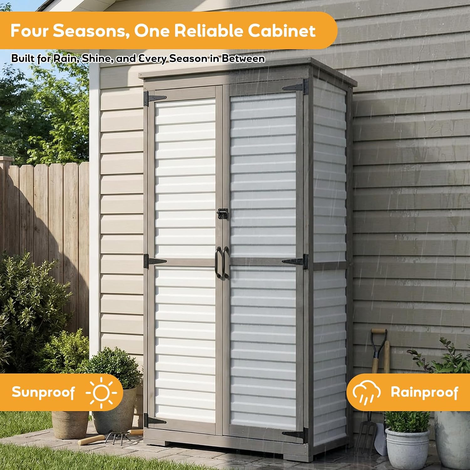 Outdoor Storage Cabinet with Shelves, Lockable Garden Shed, Wood & Plastic Weatherproof Outside Tool Cabinet for Patio, Backyard, Balcony White