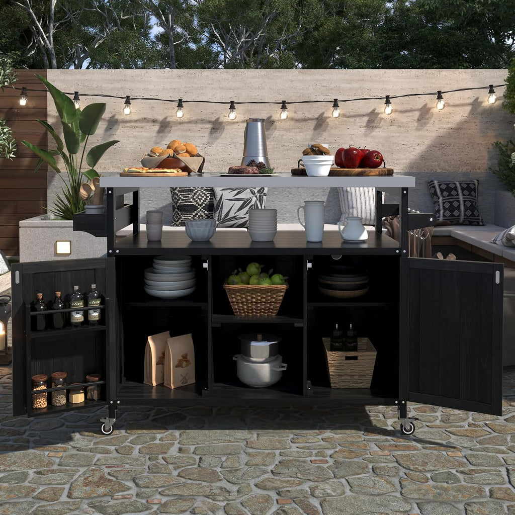 50.25' W Black Grill Cart with Stainless Steel Tabletop - Outdoor Storage Cabinet for BBQ, Bar Patio Kitchen Island with Ample Storage and Lockable Wheels