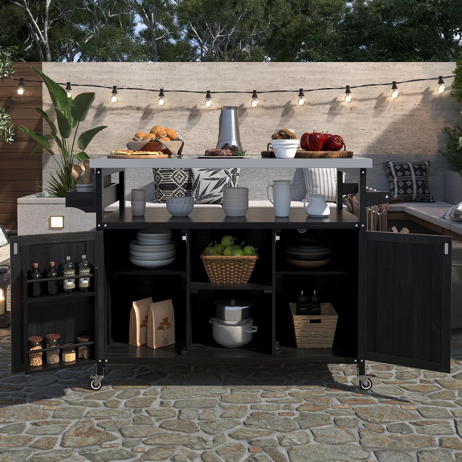 50.25' W Black Grill Cart with Stainless Steel Tabletop - Outdoor Storage Cabinet for BBQ, Bar Patio Kitchen Island with Ample Storage and Lockable Wheels