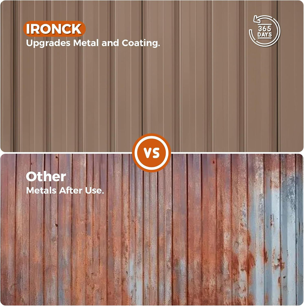 IRONCK 10x8FT Outdoor Storage Shed with Breathable Vent, 9.4x7.3FT Base Galvanized Steel Metal Tool Shed with Lockable Doors for Yard Bins/Generator/Wheelbarrow Garden Storage, Brown
