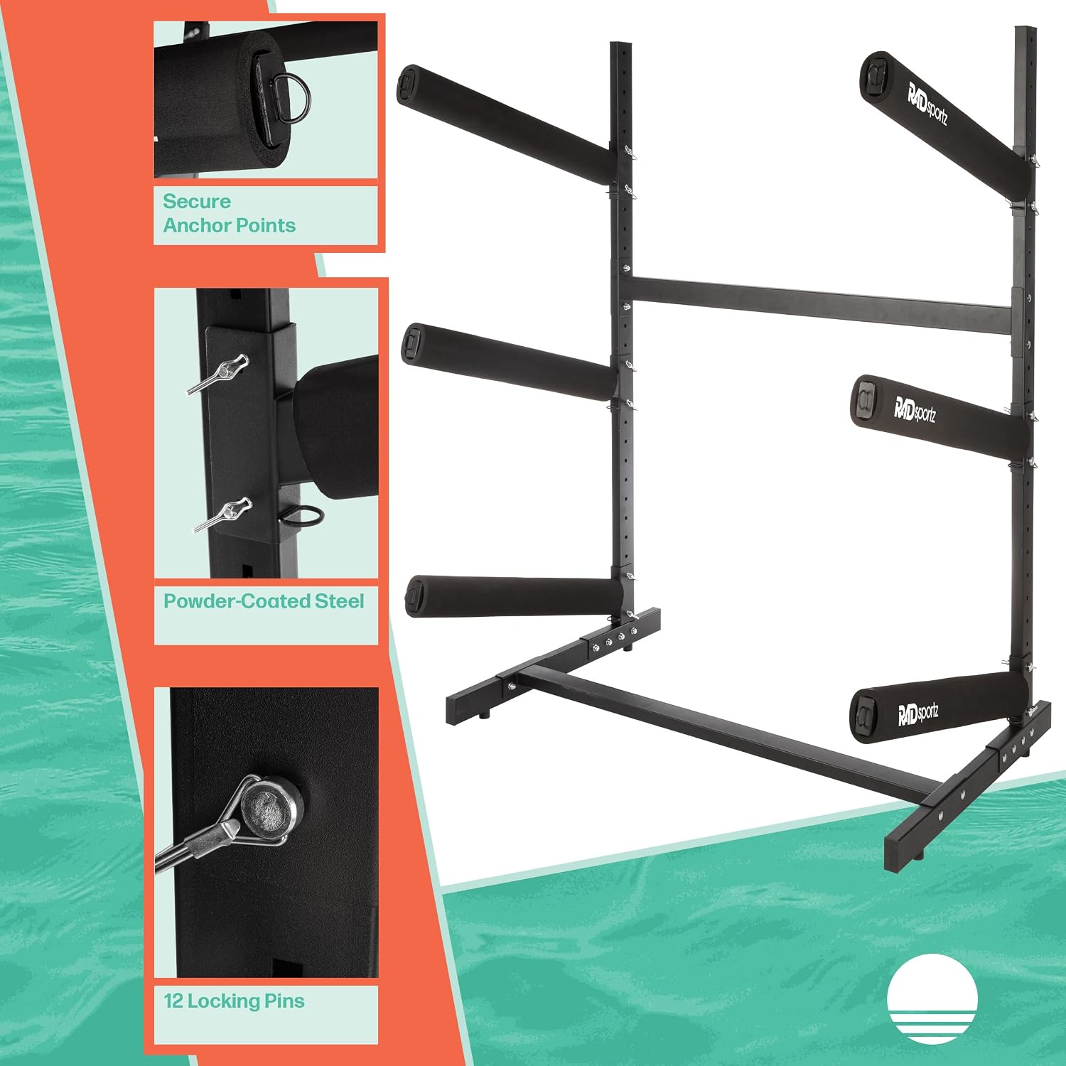 RAD Sportz Freestanding Kayak Storage Rack – Heavy Duty Adjustable Multi-Level Stand with Padded Arms for Kayaks, Canoes & Paddleboards (2, 3 or 4 Tier, Indoor/Outdoor Garage Organizer)